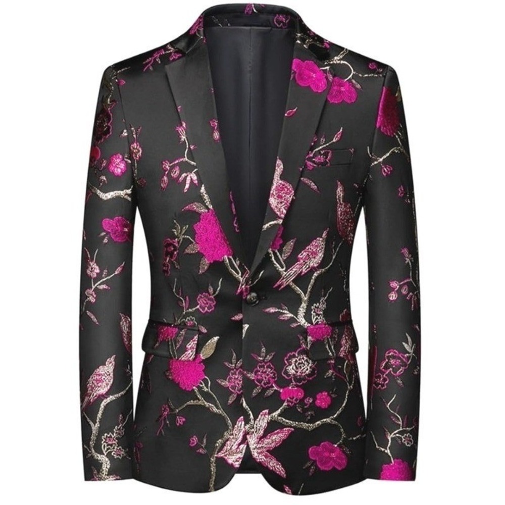 Men's Blazer Magenta Floral Gold Black‎ Prom Wedding Stylish Suit Jacket